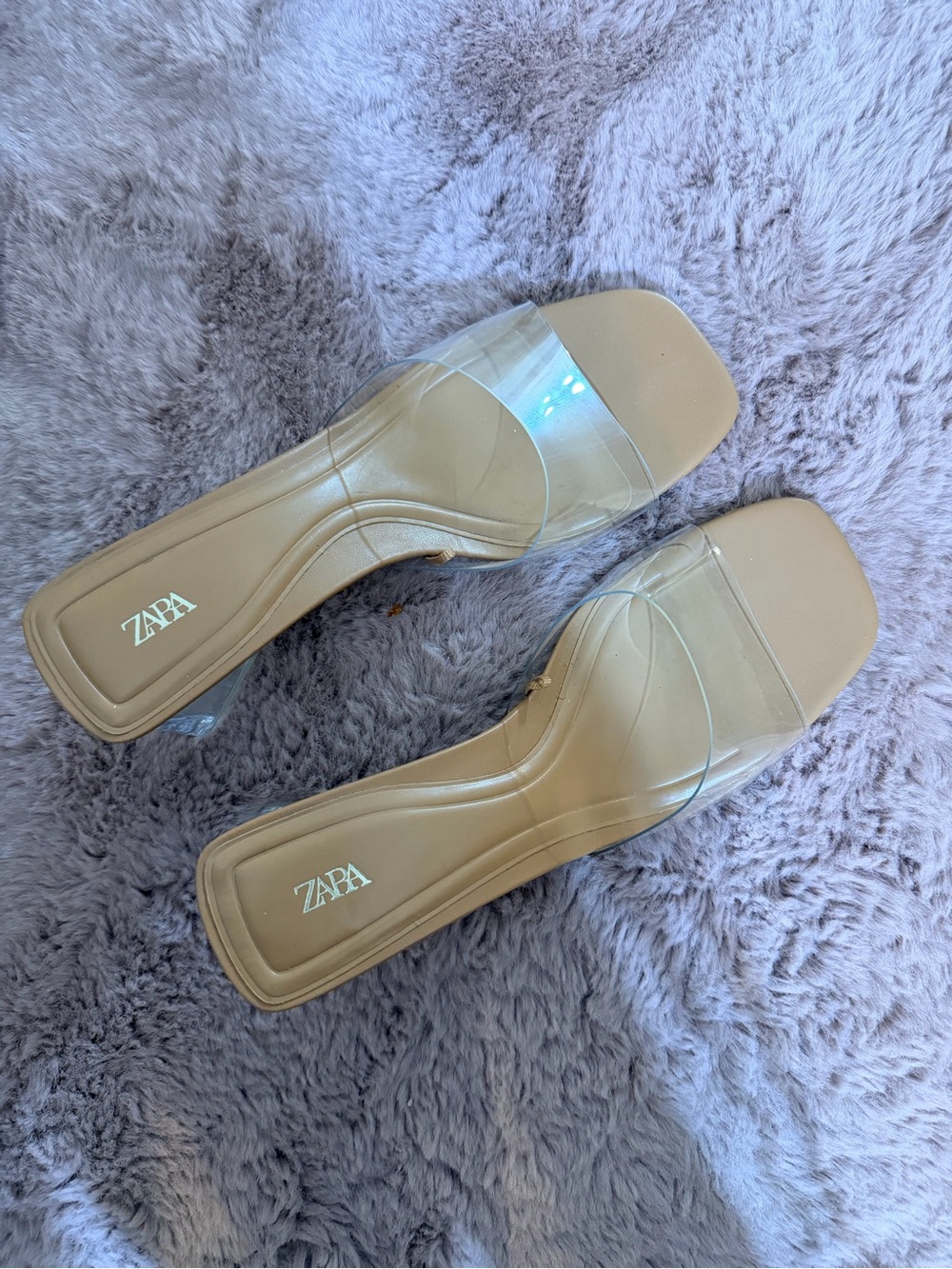 ZARA Clear Strap Tan Square-Toe Slide Mules